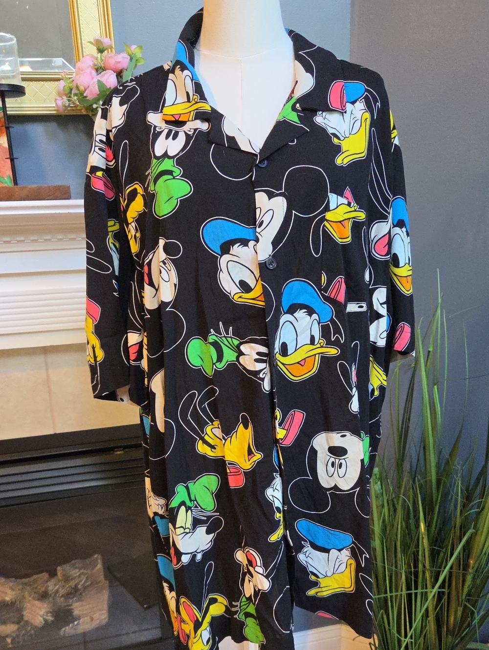 Mens Disney Button Down Top with Colorful Mickey, Donald & Friends